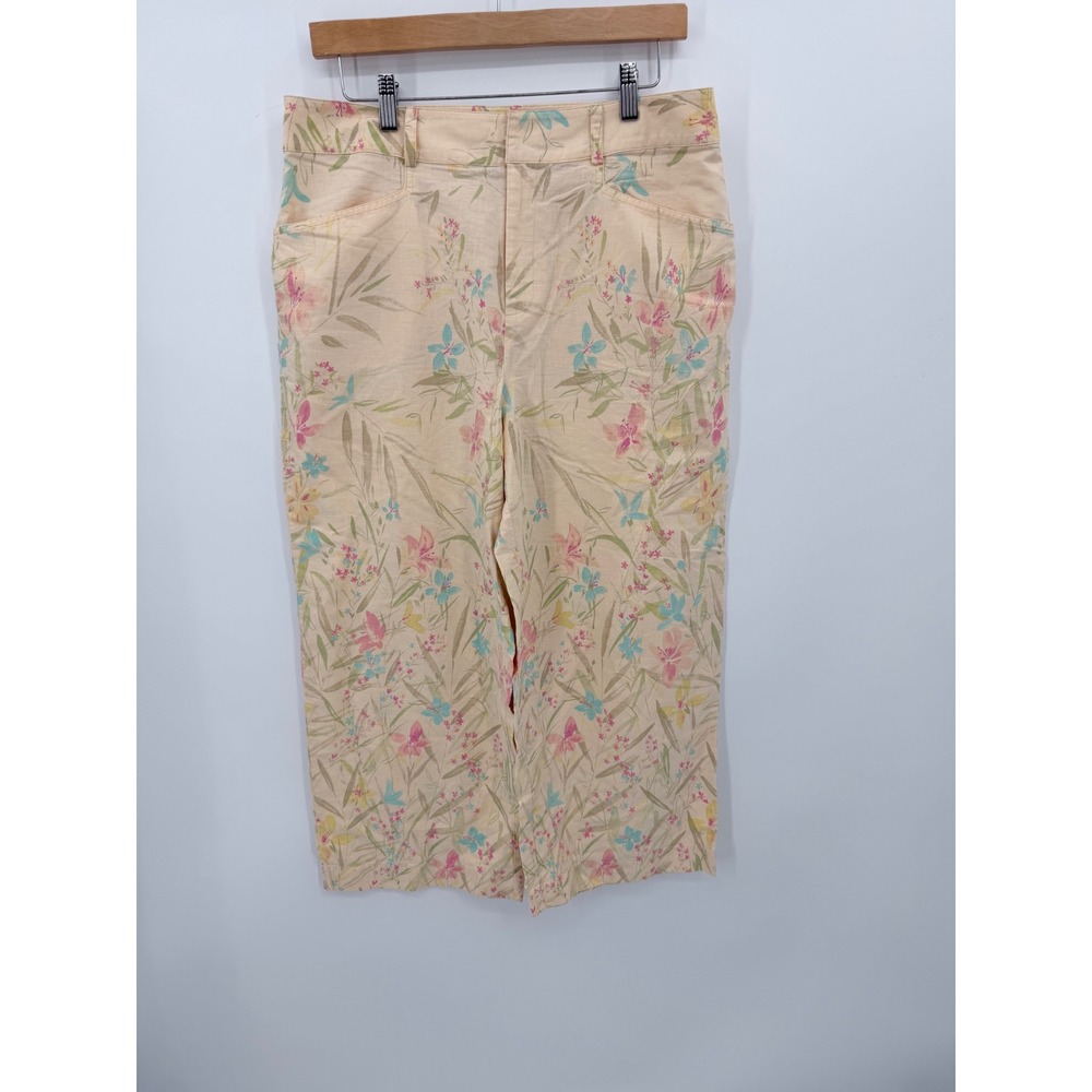 Telluride Clothing Co Pants Women 12 Yellow Floral Linen Cotton Wide Leg Crop